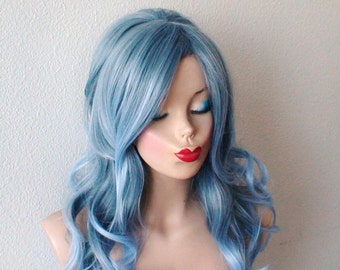 Pastel Grayish Blue Ombre wig. 1960's hairstyles wig. 26" Curly wig. Heat friendly synthetic hair wig.