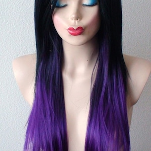 Black Purple Ombre wig. 28 Straight layered hair side bangs wig. Heat friendly synthetic hair wig. image 3