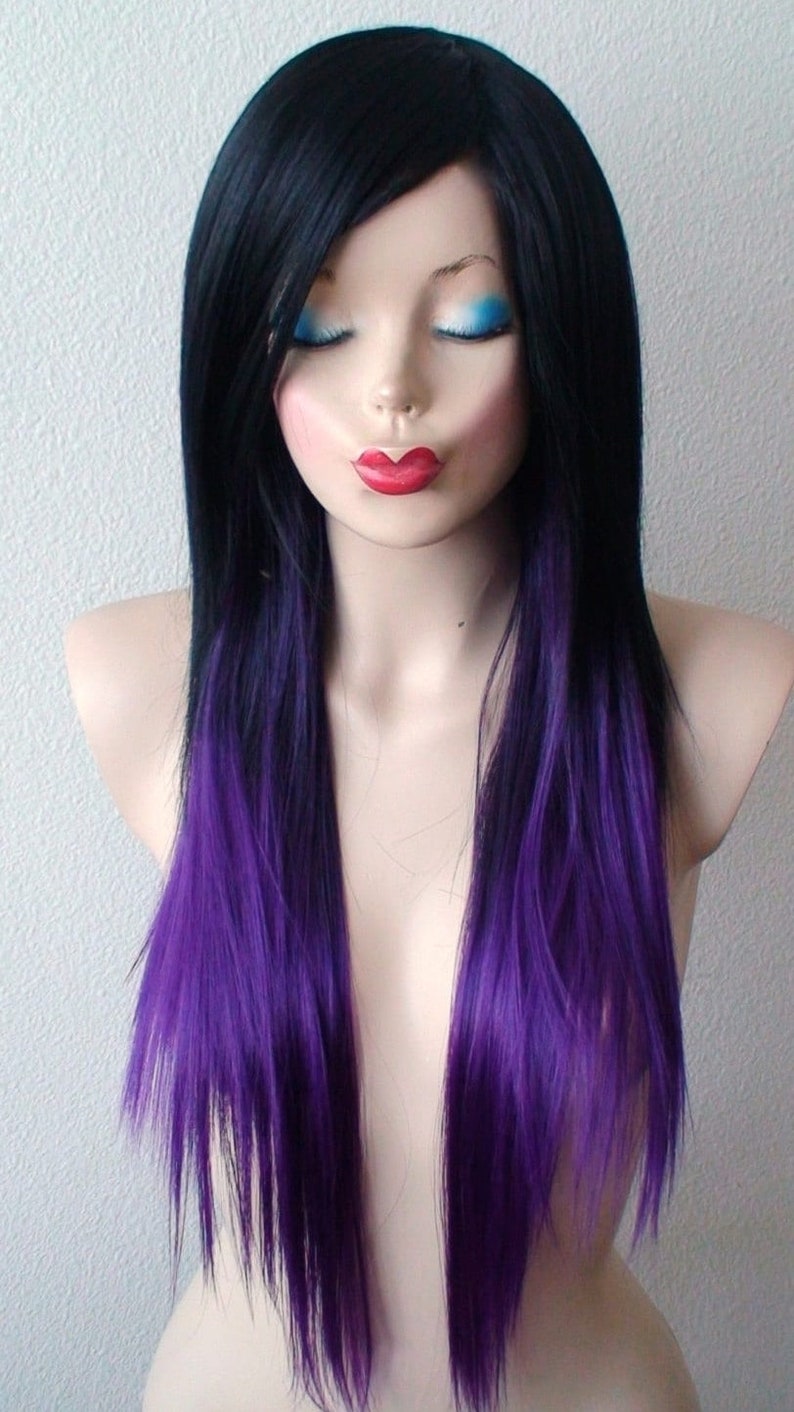 Black Purple Ombre wig. 28 Straight layered hair side bangs wig. Heat friendly synthetic hair wig. image 3