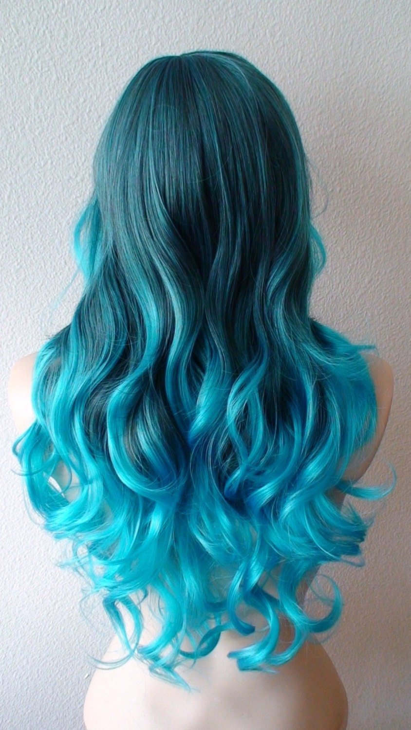 Teal Blue Ombre Wig. 26 Curly Hair Side Bangs Wig. Heat - Etsy Teal Blue Ombre Wig. 26 Curly Hair Side Bangs Wig. Heat - Etsy