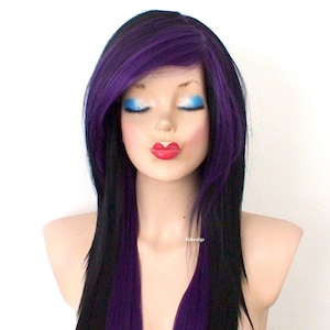 Black Purple Ombre wig. Scene wig. 28&quot; Straight layered hair side bangs wig. Cosplay wig.