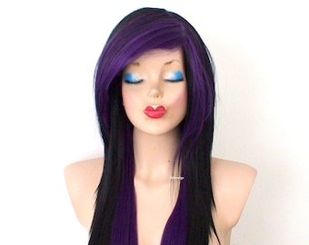 Black Purple Ombre wig. Scene wig. 28" Straight layered hair side bangs wig. Cosplay wig.