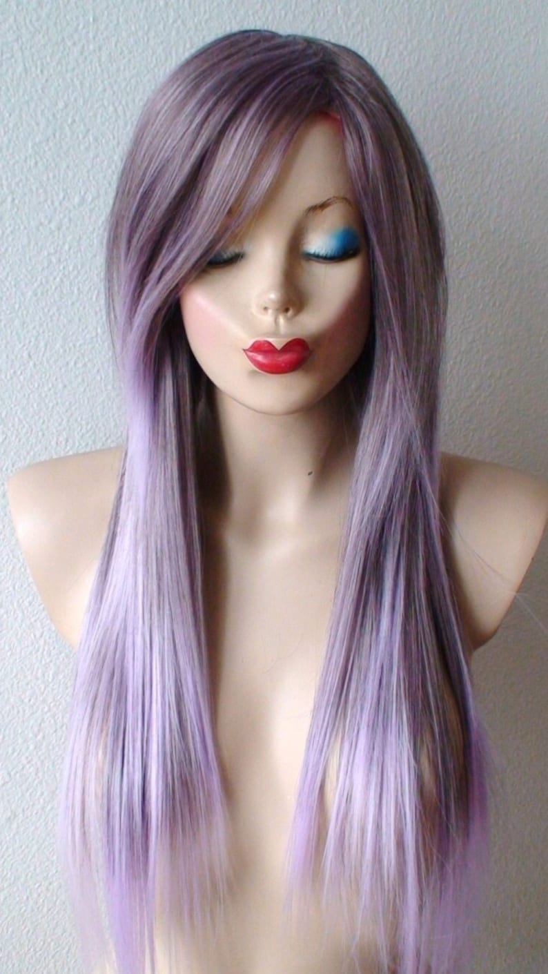 Pastel Lavender Ombre wig. 28 Straight hair long side bangs wig. Heat friendly synthetic hair wig image 3