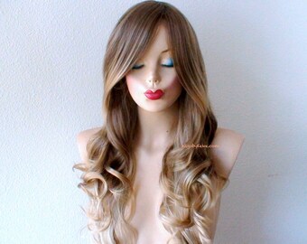 Brown/Blonde Ombre wig. 26" Curly hair side bangs wig. Heat friendly synthetic hair wig.
