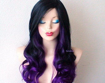 Black Purple Ombre Wig: 26" Curly Synthetic Hair with Bangs