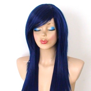 Black Blue wig.  28&quot; Straight layered side bangs wig. Heat-friendly Synthetic hair wig.