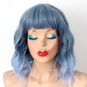 Blue ombre wig. 16&quot; Wavy wig with bangs. Heat friendly synthetic hair wig.