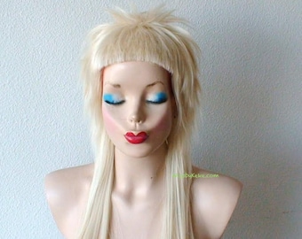 Blonde wig. 26" Straight layered hair short bangs wig. Cosplay wig.