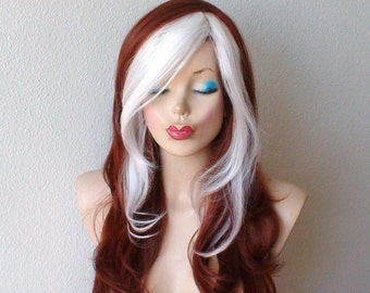 Cosplay wig. Auburn hair White bangs wavy hairstyle Cosplay wig. Heat friendly synthetic hair wig.