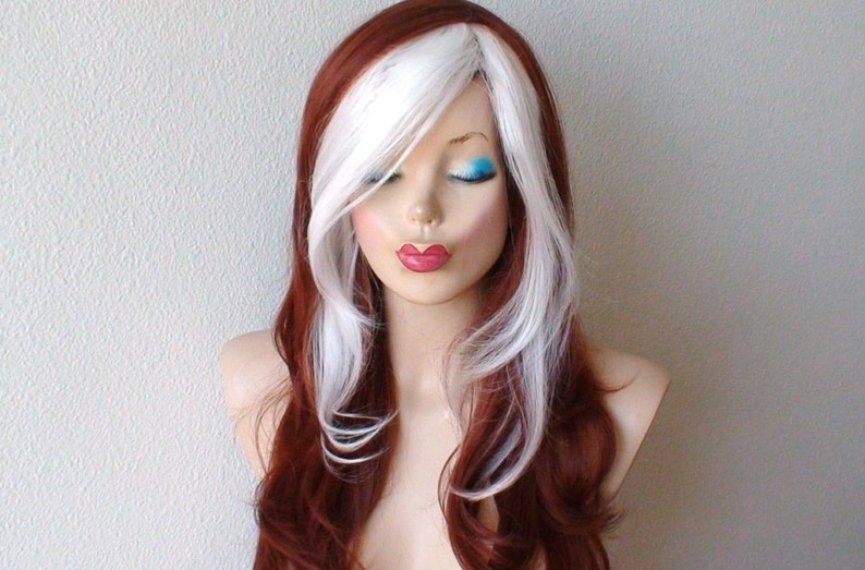 Cosplay wig. Auburn hair White bangs wavy hairstyle Cosplay wig. Heat friendly synthetic hair wig. image 1