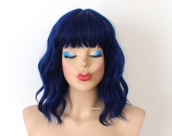 Black Blue wig. 16” wavy wig with bangs. Heat friendly synthetic hair wig.