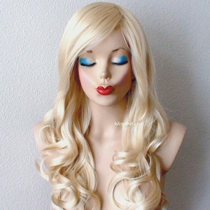 Lace front wig. Blonde wig. 26&quot; Curly hair side bangs wig. Heat-friendly synthetic hair wig.