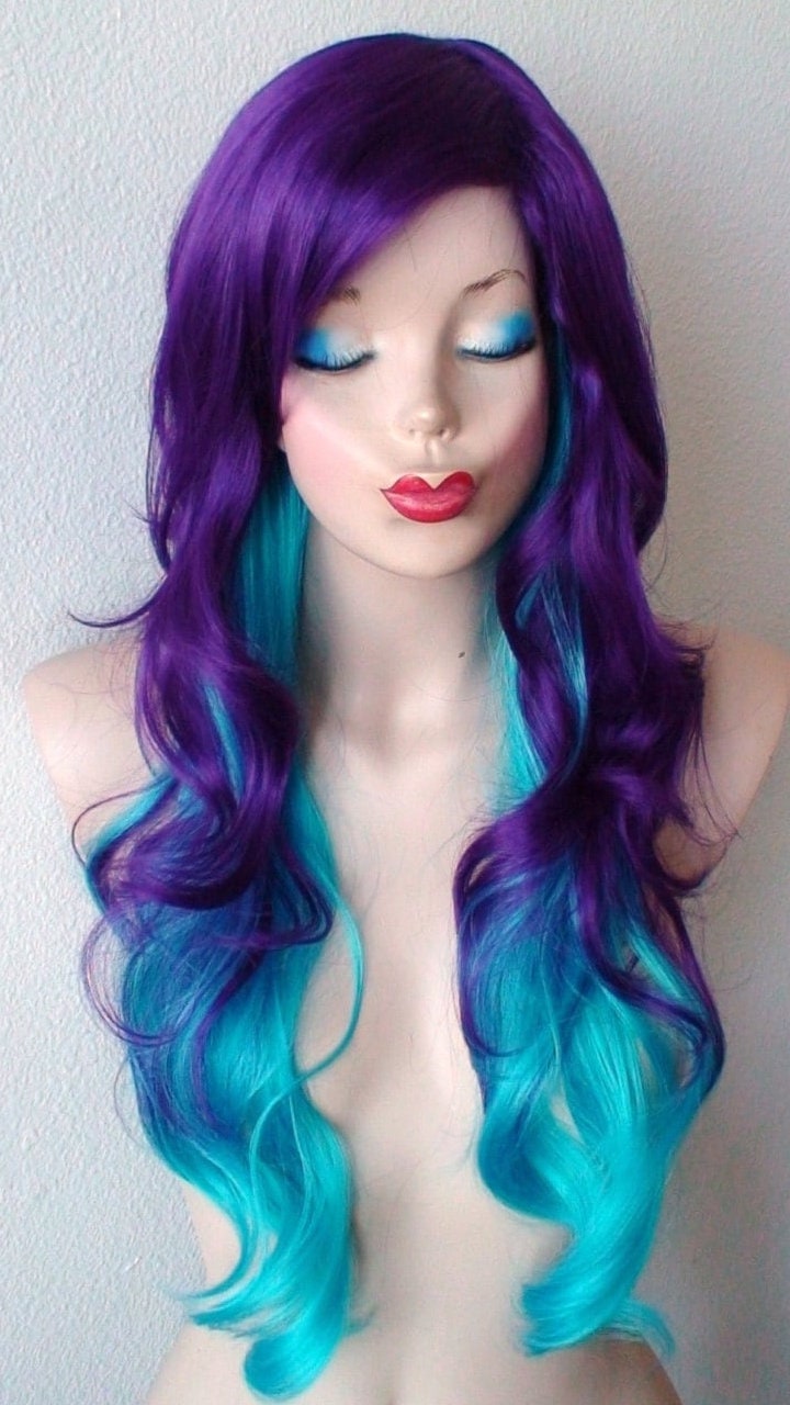 Purple Teal Ombre Wig. 26 Curly Hair Side Bangs Wig. Heat Friendly Synthetic Hair Wig. Etsy