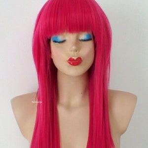 Hot pink wig. 28” Straight layered hair with bangs wig. Heat friendly synthetic hair wig.