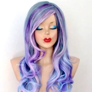 Blue Purple Lavender Pink Curly Ombre wig. 26&quot; Curly hair side bangs wig. Heat-Friedly synthetic hair wig.