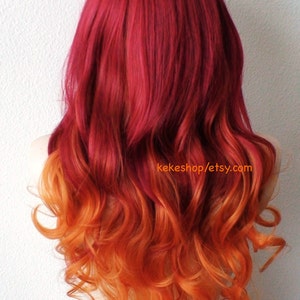 Wine red / Ginger Orange Ombre wig. 26 Curly hair side bangs wig. Heat friendly synthetic hair wig. image 4