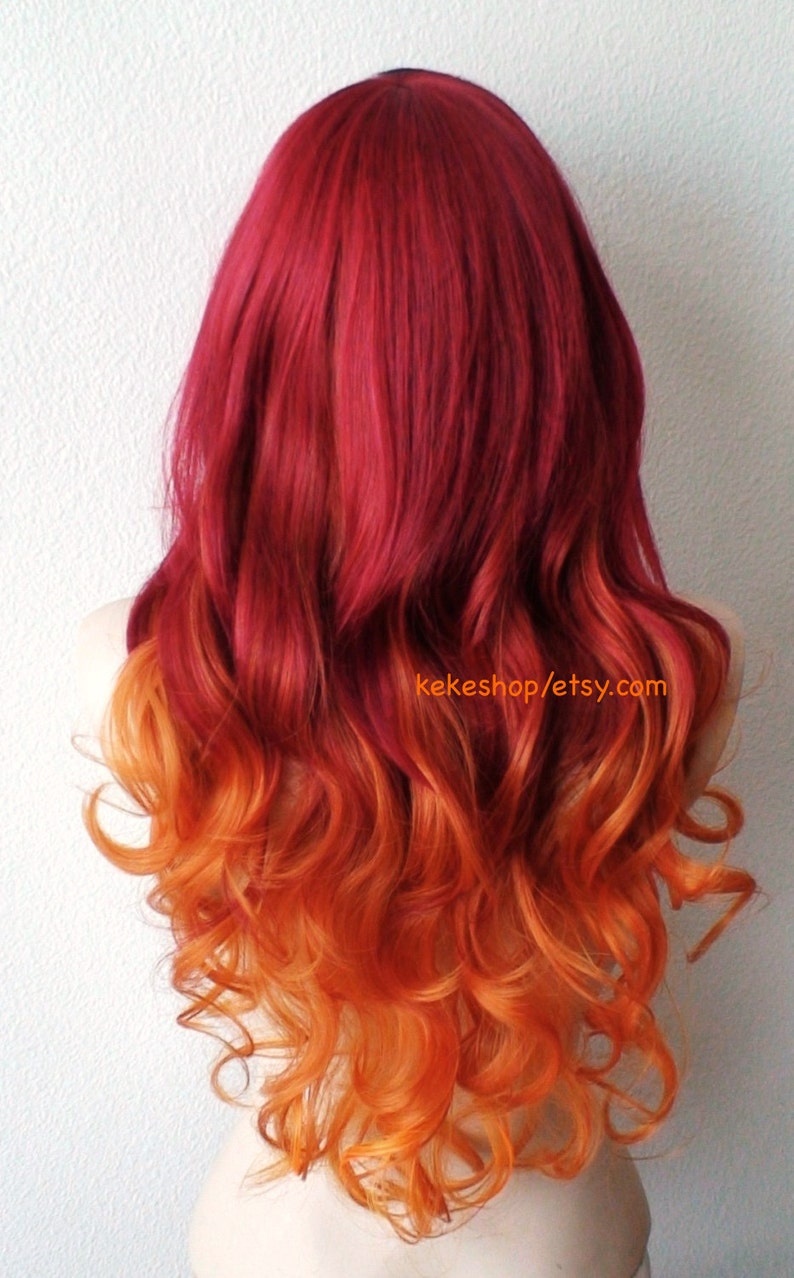 Wine red / Ginger Orange Ombre wig. 26 Curly hair side bangs wig. Heat friendly synthetic hair wig. image 4