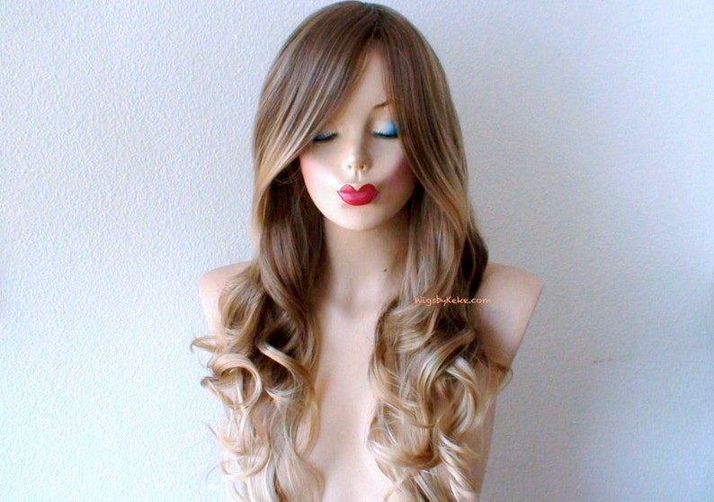 Ombre wig.Brown/Blonde curly hair long side bangs synthetic image 0.