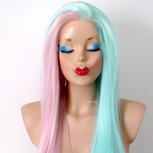 Lace front wig. Pastel Pink/Mint side-by-side wig. 30&quot; Straight hair wig. Heat-friendly synthetic hair wig.