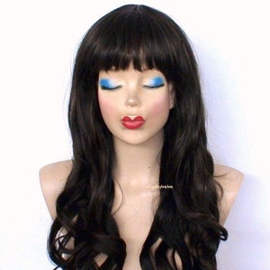 Chocolate brown wig. 26&quot; curly hair wig with bangs. Heat friendly synthetic hair wig.