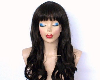 Chocolate brown curly hair with bangs wig. Heat friendly synthetic wig for women. Cosplay wig.