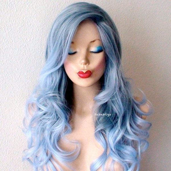 Pastel Grayish Blue Ombre wig. 26" Curly hair side bangs wig. Heat friendly synthetic hair wig.