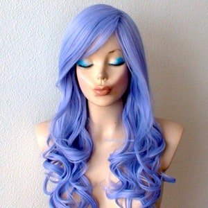 Lavender blue wig. 26&quot; Curly hair side bangs wig. Heat friendly synthetic hair wig.