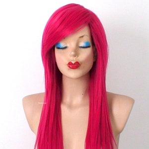 Hot pink wig. 28” Straight layered hair side bangs wig. Heat friendly synthetic hair wig.