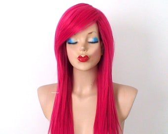 Hot pink wig. 28” Straight layered hair side bangs wig. Heat friendly synthetic hair wig.