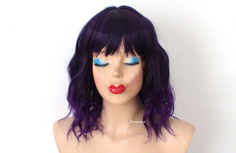 Purple Ombre wig. 16 Wavy hair wig with bangs. Heat friendly synthetic hair wig. image 3
