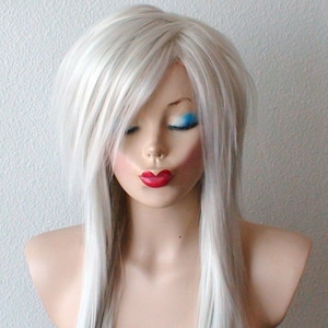 Gray wig. Light gray Scene wig. 28" Straight hair side bangs wig. Heat friendly synthetic hair wig.