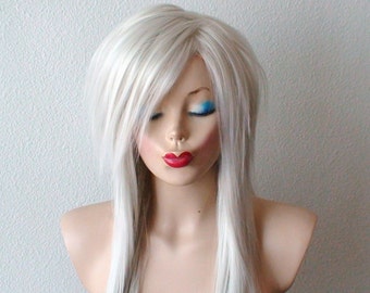 Gray wig. Light gray Scene wig. 28" Straight hair side bangs wig. Heat friendly synthetic hair wig.