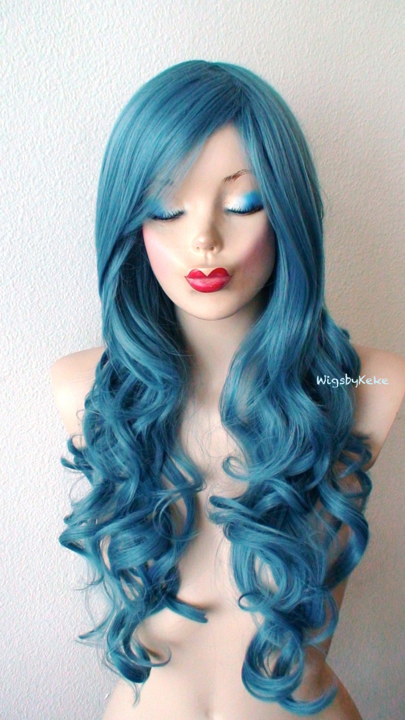 Teal blue long curly wig. Mermaid blue wig. Pastel wig. Blue Etsy