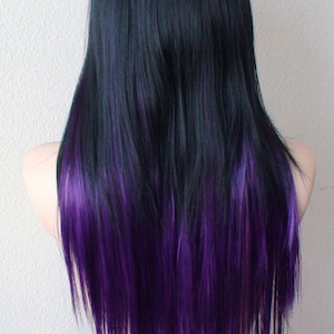 Black Purple Ombre wig. 28 Straight layered hair side bangs wig. Heat friendly synthetic hair wig. image 4