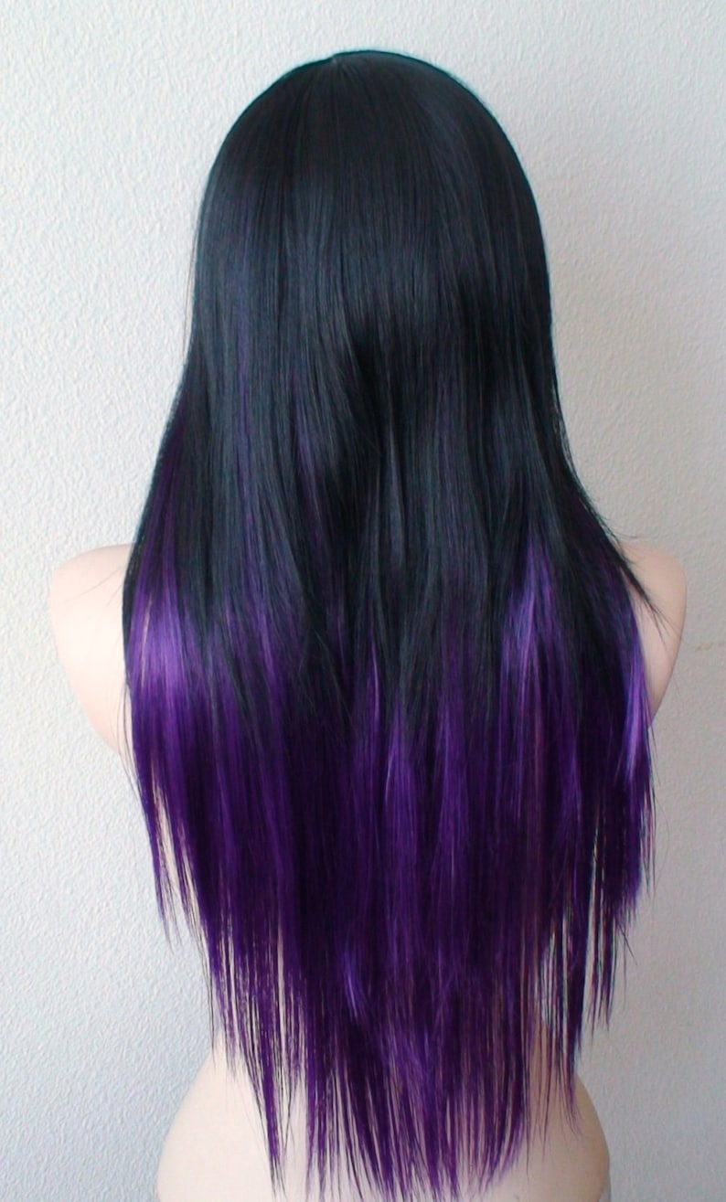 Black Purple Ombre wig. 28 Straight layered hair side bangs wig. Heat friendly synthetic hair wig. image 4