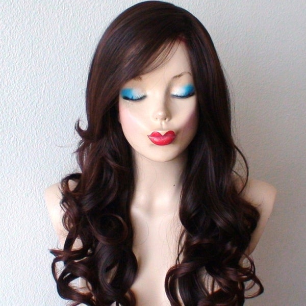 Dark Auburn Ombre wig. 26" Curly hair side bangs wig. Heat friendly synthetic hair wig.