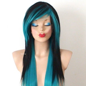 Emo wig. Black Teal Blue Ombre wig. 28&quot; Straight layered hair side bangs wig. Heat friendly synthetic hair  wig.