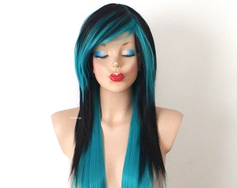 Emo wig. Black Teal Blue Ombre wig. 28" Straight layered hair side bangs wig. Heat friendly synthetic hair  wig.