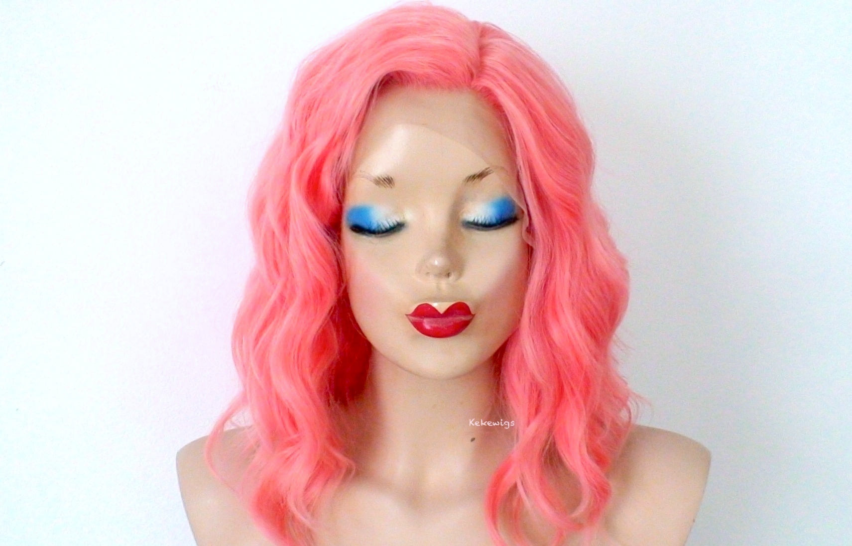 Coral Lace front wig. Pastel coral wig. Short wig. Beach waves Etsy