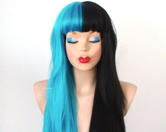 Black /Teal blue side by side wig. 30" Straight wig with bangs. Cosplay wig.