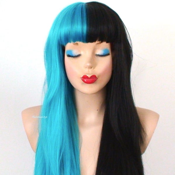 Black /Teal blue side by side wig. 30" Straight wig with bangs. Cosplay wig.