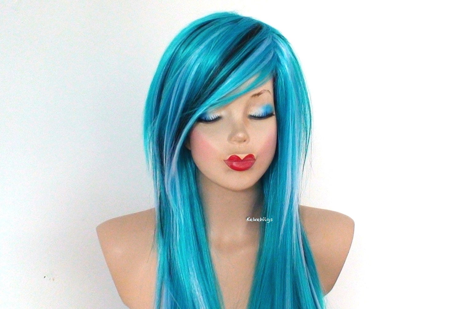 Teal Blue/baby Blue/turquoise /black Wig. 28 Straight - Etsy