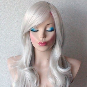 Bright Gray wig. 26&quot; Curly hair side bangs wig. Heat-friendly synthetic hair wig.