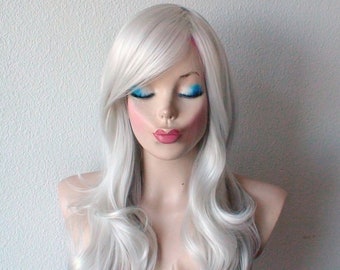 Silver wig. Bright silver wig. 26" Curly hair side bangs wig. Heat friendly synthetic hair wig.