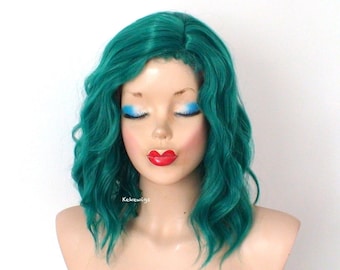 Forest green wig. 16" Wavy hair wig. Heat friendly synthetic hair wig.