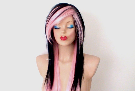 Emo Wig Black Pink Ombre Wig Scene Wig 28 Straight Etsy