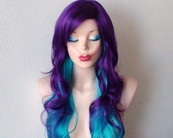 Purple Teal Ombre wig. 26" Curly hair side bangs wig. Heat friendly synthetic hair wig.