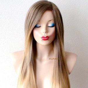 Toffee golden blonde ombré wig. 28” Straight hair long side bangs wig. Heat-friendly synthetic hair wig.