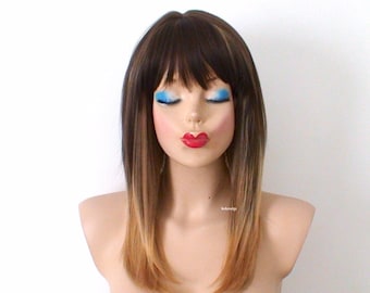 Brown strawberry blonde ombre wig. 20" straight layered hair with bangs wig. Heat friendly synthetic hair wig.