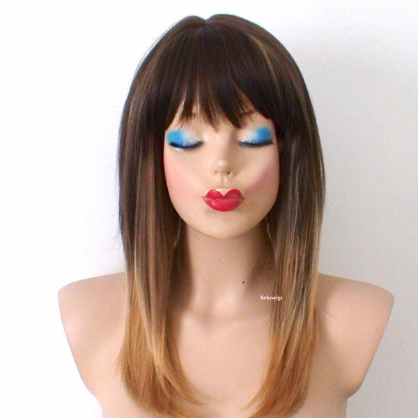 Brown strawberry blonde ombre wig. 20" straight layered hair with bangs wig. Heat friendly synthetic hair wig.